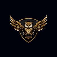 A regal golden owl, wings outstretched, takes center stage on a dark shield. Its intense gaze and powerful stance create a bold, majestic image. vector