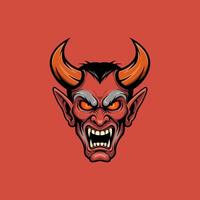 A menacing devil's head, vibrant red with sharp horns and glowing eyes, dominates this bold artwork. The intense gaze and bared fangs create a fierce, dramatic mood. vector