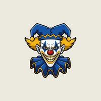 A sinister clown's face grins, sharp teeth bared. His blue hat and ruffled collar add to the unsettling cartoon style. The image evokes a dark, spooky mood. vector
