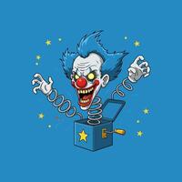 A terrifying clown pops from a jack-in-the-box, claws outstretched Blue, vibrant, and spooky, it's a thrilling, cartoonish fright vector