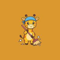 A cute cartoon giraffe sweeps happily, its bandana adding to the charm. The lighthearted scene evokes joy and cleanliness. vector