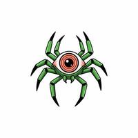 A creepy green spider with a giant red eye dominates the scene, its sharp legs creating a unsettling yet captivating cartoon illustration. Intriguing and slightly macabre vector