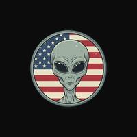 A captivating vintage-style illustration features a grey alien's face against a distressed American flag. The muted colors and detailed rendering create a mysterious yet intriguing mood. vector