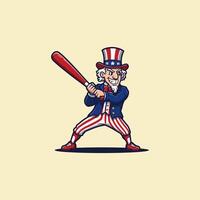 Uncle Sam, in his iconic red, white, and blue attire, grips his bat, ready to swing. A bold, cartoonish style creates a powerful, playful image. vector