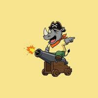 A mischievous rhino pirate, clad in a tricorn hat and bandana, joyfully fires a cannon. The vibrant cartoon style creates a fun, adventurous mood. vector