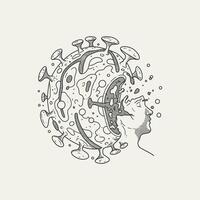 A captivating sketch portrays a virus engulfing a human head, creating a haunting yet thought-provoking scene. The detailed linework and monochrome palette emphasize the virus's ominous presence. vector