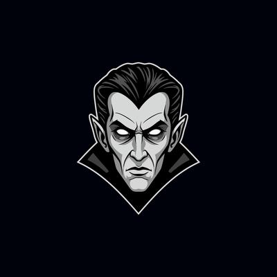 A striking portrait of a vampire, his piercing gaze and serious expression create a dark and dramatic mood. The monochrome palette enhances the gothic feel.