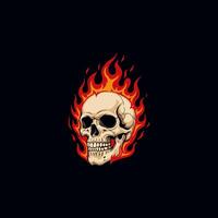 A vintage-style illustration of a skull engulfed in vibrant flames against a stark black background. The intense orange and red hues of the fire contrast beautifully with the skull's bone-white structure, creating a powerful and dramatic image. vector