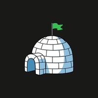 A charming cartoon igloo stands proudly, a tiny green flag atop its snow-white blocks. Simple, yet inviting, it evokes a sense of peaceful isolation. vector