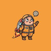 A cute, chubby astronaut marvels at a tiny moon, his rocket pack sputtering gently. A charming, playful space scene vector