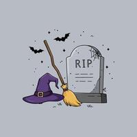 A whimsical Halloween scene unfolds a witch's hat rests beside a weathered tombstone, a broom leaning casually nearby, bats flitting amidst twinkling stars. Mysterious and charming vector