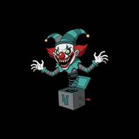 A terrifying clown springs from a jack-in-the-box, his wicked grin and outstretched claws creating a spooky, yet darkly comical scene. vector