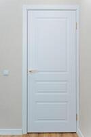 In an empty, quiet room stands a beautifully crafted white door, adorned with a shiny gold handle, which adds a touch of elegance to the otherwise simple and bare, unadorned space photo