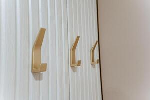 A row of sturdy wooden hooks on a bright white wall adds functionality and aesthetic appeal, enriching the rooms charm and creating a balance between practicality and design photo