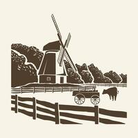 silhouette illustration of a farm with a windmill vector