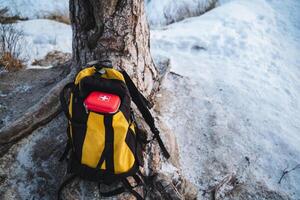 A bright yellow backpack, which contains a neatly organized red first aid kit, leans against a sturdy tree while surrounded by a beautiful blanket of powdery snow in the chilly winter air photo