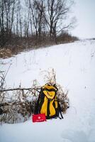 A vibrant yellow backpack is resting in the snow, which has blanketed the ground, while a bright red first aid kit is placed beside it, waiting to be used in case of emergencies photo