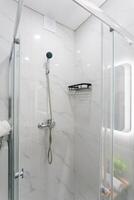 A bathroom that features a shower stall as well as a mirror photo