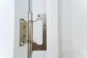 This is a closeup image of a modern door hinge, showcasing its sleek stainless steel design, which ensures both secure and smooth operation photo