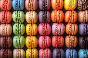 Colorful Assorted Macarons Display in Rows for Confectionery and Dessert Themes photo