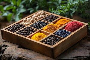 Assorted Spices in Wooden Box for Culinary and Design Inspiration photo