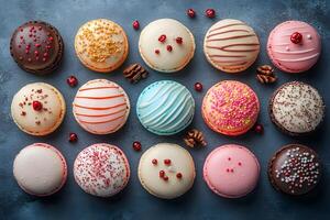 Assorted Colorful Macarons with Sprinkles and Nuts on Textured Background for Culinary Art photo