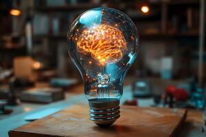 Innovation and Creativity Concept with Brain Light Bulb in Workshop Setting photo