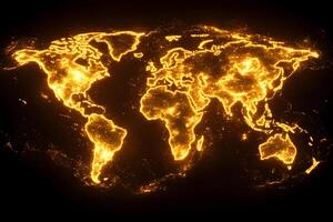 Illuminated World Map with Glowing Connections for Global Network Visualization photo