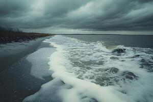 Moody Coastal Scene with Dark Clouds and Ocean Waves - Perfect for Nature Prints photo