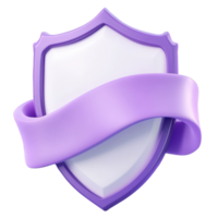 3d White shield wrapped with lilac ribbon, digital providing blank space against isolated on a transparent background png