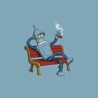 A cartoon robot enjoys a leisurely smoke on a park bench, exuding a calm and humorous vibe. The scene is simple yet charming. vector