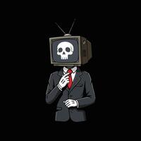 A vintage TV replaces a businessman's head, displaying a skull. He's adjusting his tie, creating a darkly humorous and thought-provoking image. vector