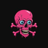 A playful pink skull, dripping with a glossy sheen, grins mischievously amidst crossed bones. Its big, wide eyes add a touch of cartoonish charm to this darkly whimsical piece. vector