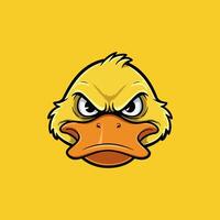 A grumpy duck stares intensely, its orange beak and yellow feathers sharply contrasting against a bright yellow background. The cartoonish style creates a bold and humorous mood. vector