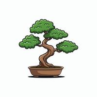 A charming cartoon bonsai tree thrives in its terracotta pot, showcasing vibrant green foliage and a twisting, ancient-looking trunk. It evokes a peaceful, zen-like atmosphere. vector