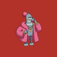 A sassy robot, Bender, rocks a pink fur coat and gold chains while chatting on a flip phone. The vibrant colors and playful style create a fun, humorous mood. vector