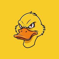 A fierce duck stares intensely, its bright red eyes and furrowed brow conveying a powerful, almost menacing presence. The vibrant yellow and orange tones create a bold, cartoonish aesthetic. vector