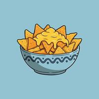 A bowl of crispy nachos, generously topped with melted cheese, creates a mouthwatering cartoon scene. The vibrant colors and playful style evoke a sense of fun and deliciousness. vector