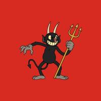 A grinning cartoon devil, horns and tail prominent, wields a golden trident against a bold red backdrop. A playful yet slightly menacing vintage feel. vector