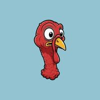 A whimsical cartoon turkey head pops out, its wide eyes and bright red neck creating a fun, quirky image. The simple style adds to its charm. vector