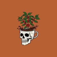 A skull-shaped mug overflows with dark coffee, a vibrant coffee plant bursts forth, creating a darkly whimsical and captivating scene. vector