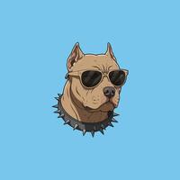 A stylish pitbull, sporting cool shades and a studded collar, stares intensely. The illustration's bold lines and muted colors create a strong, confident mood. vector