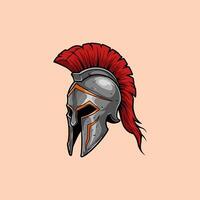 A majestic Spartan helmet, its metallic grey armor contrasting vividly with the fiery red plume, commands attention. Bold lines and vintage style evoke a sense of ancient power. vector