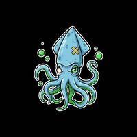 A cool, cartoon squid stares intently, one eye patched. Green tentacles wrap around, set against a dark background. The overall mood is edgy and playful. vector