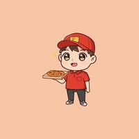 A cute chibi-style pizza delivery boy beams, proudly presenting a delicious pizza. His red uniform and happy expression create a warm, inviting scene. vector