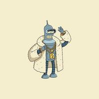 Bender, the iconic robot, rocks a luxurious fur coat and gold chains. His sassy pose and bling create a fun, hip-hop vibe. vector