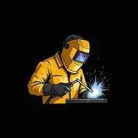 A powerful image of a welder, clad in a vibrant yellow suit, skillfully wielding a torch. Sparks fly, showcasing intense focus and mastery. Dramatic, impactful style. vector