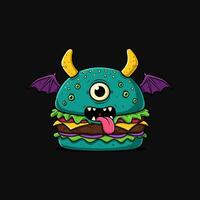 A mischievous cyclops burger monster with devilish wings grins playfully. Its vibrant teal bun and colorful fillings create a fun, spooky vibe. vector