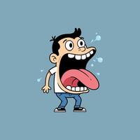 A cartoon man with a huge, open mouth and tongue sticking out, small bubbles floating near his mouth, set against a serene blue background. His expression conveys surprise and mirth. A fun, playful illustration. vector