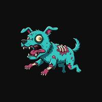 A teal zombie puppy, cartoonish yet spooky, lumbers forward with exposed bones and dripping slime. Its glowing eye adds a touch of eerie fun to the gruesome scene. vector